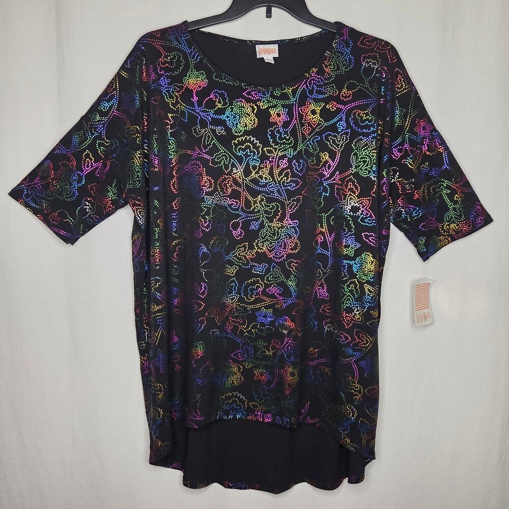LuLaRoe Elegant Irma Rainbow Floral Foil Holographic Tee Shirt Tunic NEW XL